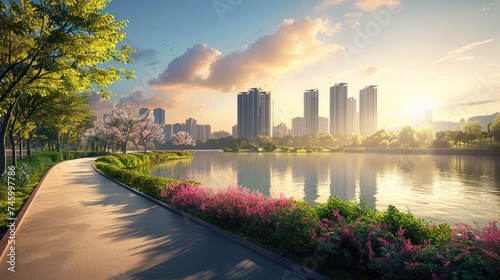 View of road highway with lake garden and modern city skyline in background 