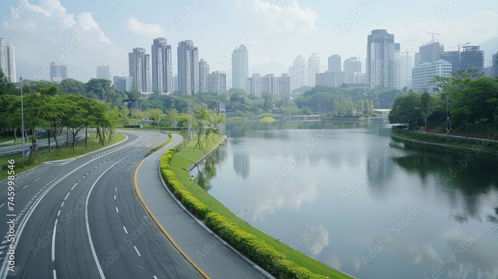 View of road highway with lake garden and modern city skyline in background