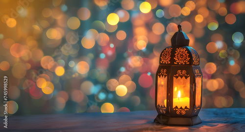Ornamental Arabic lantern with burning candle glowing at night invitation for Muslim holy month Ramadan Kareem