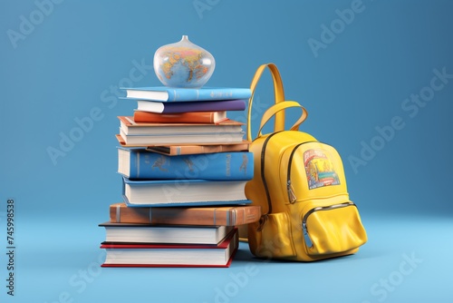 a backpack and a stack of books