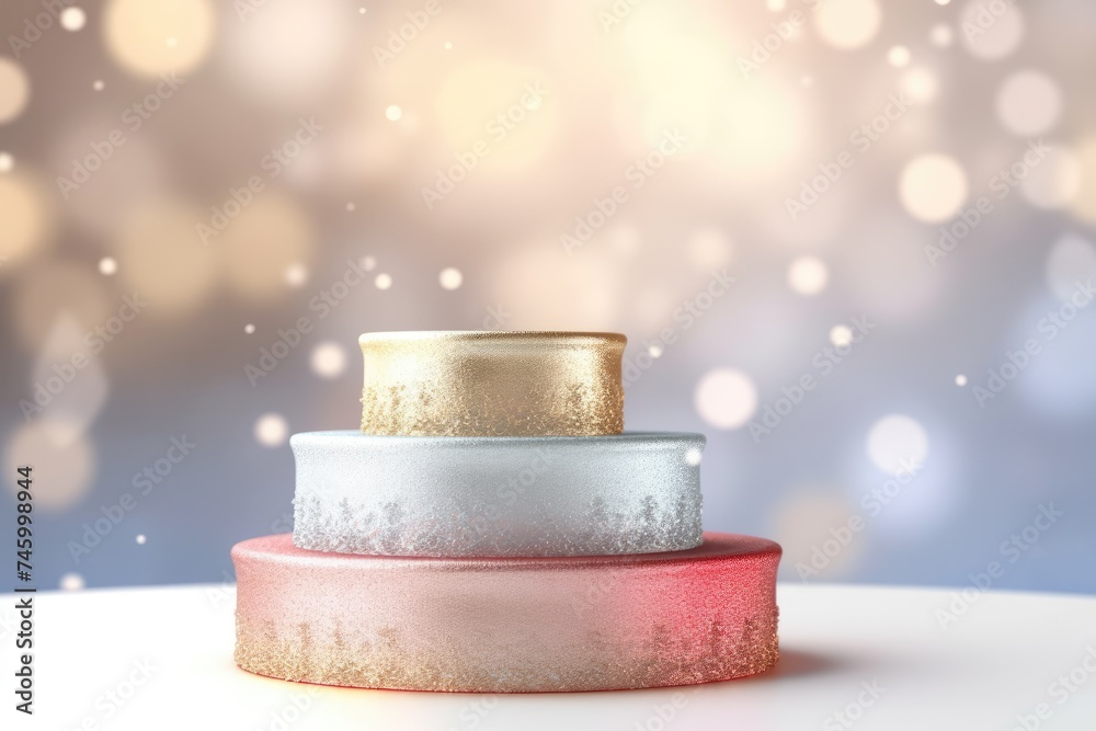 3D Podium with background soft bokeh, podium for product presentation, geometric shape for product display presentation, stage showcase, promotion display, Christmas, New year. 3D Podium with background soft bokeh, podium for product presentation, geometric shape for product display presentation, stage showcase, promotion display, Christmas, New year.