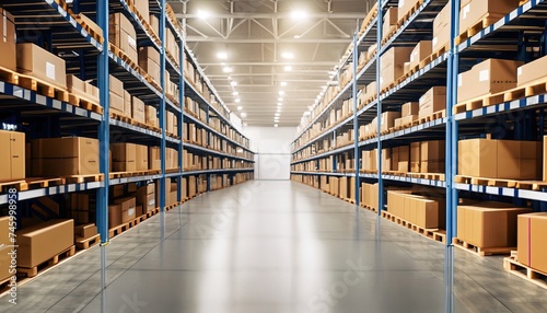 warehouse, Distribution warehouse, Rows of shelves with boxes. Logistics. Inventory control, order fulfillment or space optimization. advertising, marketing or presentation, A large warehouse business © sinthi