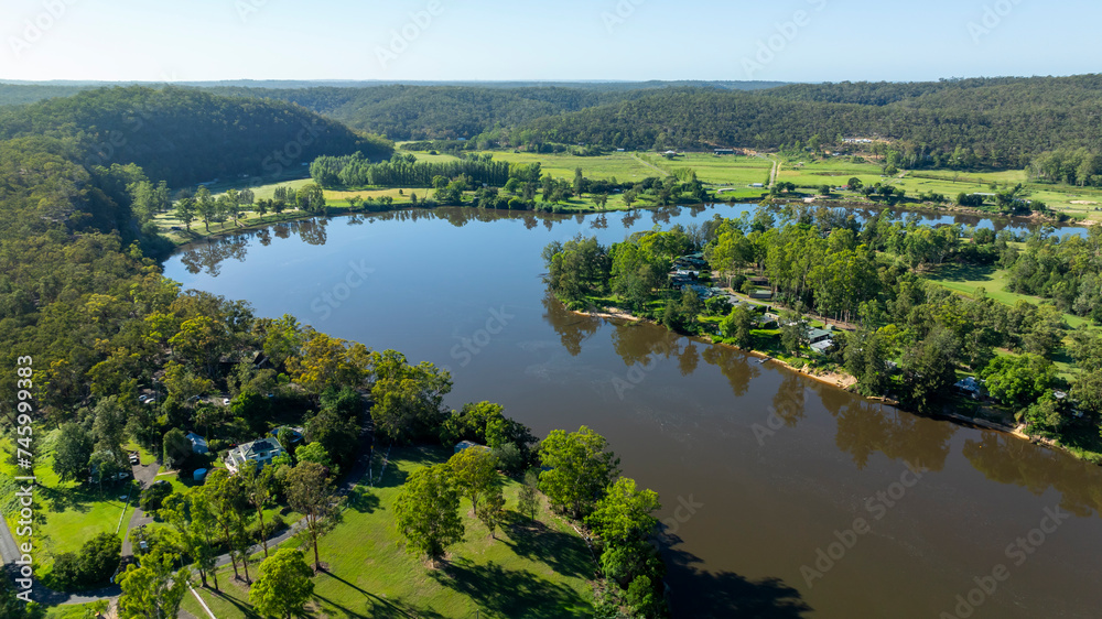 Drone aerial photograph of the Hawkesbury River in Lower Portland in the Hawkesbury local government area of New South Wales in Australia