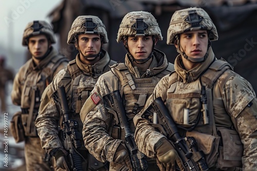 Unified Strength Military Team Standing Together on the Battlefield, Demonstrating Solidarity and Readiness in the Face of Adversity.