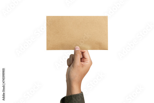 Hand hold blank business card to enter your message isolated on white background. Brown business card