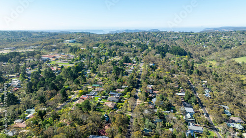 Drone aerial photograph of houses in the outskirts of the town of Katoomba in the upper Blue Mountains in New South Wales in Australia photo