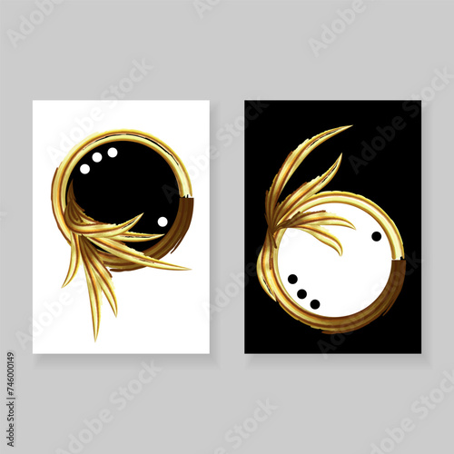 Set of minimalistic elegant wall decor posters. Black, white and gold botanical print with leaves and round frames. Creative templates for cards, posters, covers, home decor..​