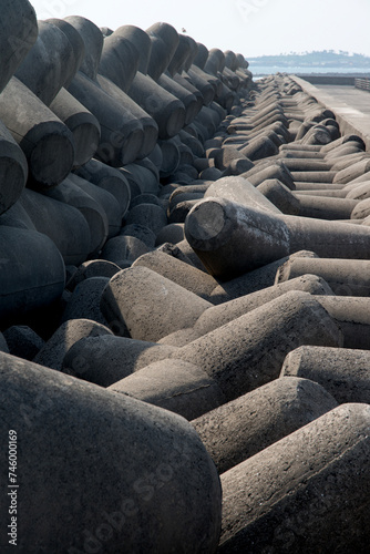 Stacked tetrapods in the seawall