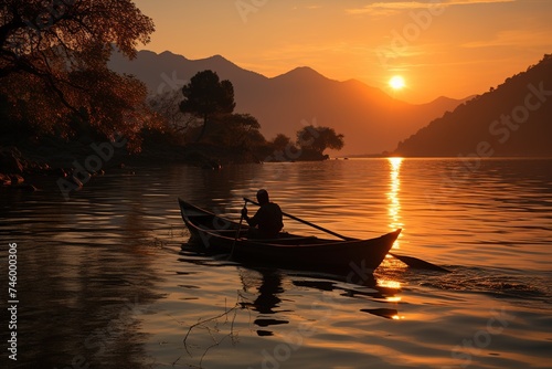 person in boat on sunset in a lake