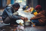 senior homeless man sharing food with a boy
