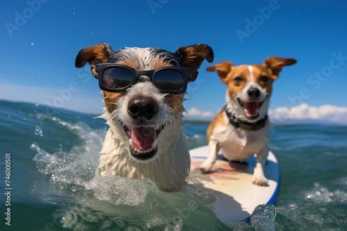Jack Russell Terrier dogs on surf in water © Belish
