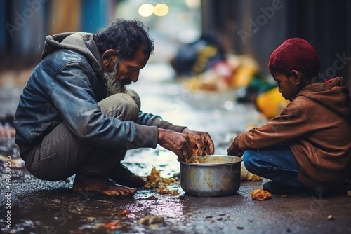 senior homeless man sharing food with a boy photo