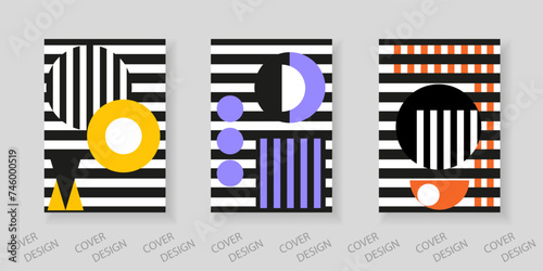 Trendy template for design cover, poster, flyer. Layout set for sales, presentations. Minimal colorful geometric background on black and white striped background..​