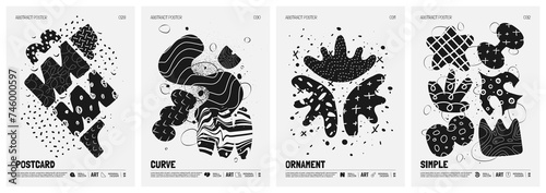 Black and White vector minimalistic Posters with bizarre abstract geometric unusual shapes and forms with textures in matisse style, Hand drawn modern wall art with aesthetic naive figures, set 8
