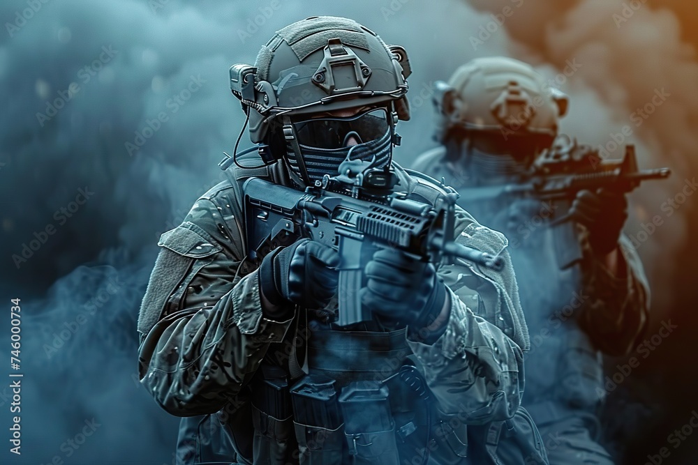 Future Warfare Dynamics Special Forces Execute Precision Mission with Advanced Team Tactics, Illustrating Evolved Military Concepts. Future Warfare Dynamics Special Forces Execute Precision Mission with Advanced Team Tactics, Illustrating Evolved Military Concepts.