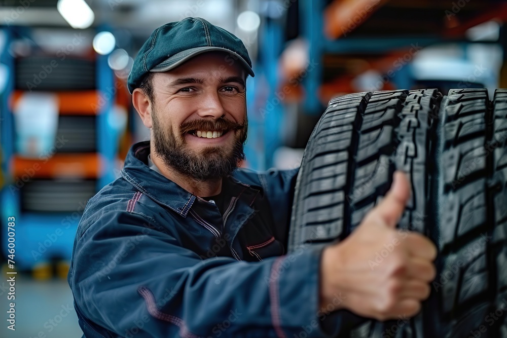 Cheerful Auto Mechanic Expressing Satisfaction with a Thumbs Up While Holding a Car Tire in a Professional Repair Shop Cheerful Auto Mechanic Expressing Satisfaction with a Thumbs Up While Holding a Car Tire in a Professional Repair Shop