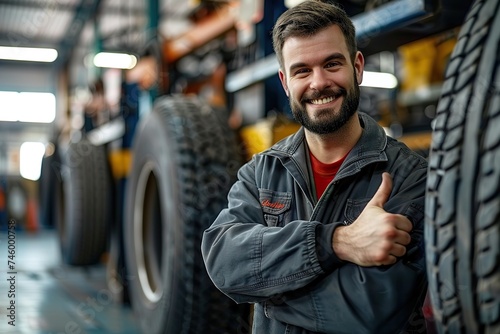 Cheerful Auto Mechanic Expressing Satisfaction with a Thumbs Up While Holding a Car Tire in a Professional Repair Shop