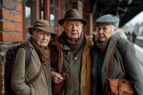 Three senior friends stand side by side, wearing hats and overcoats at a brick train station