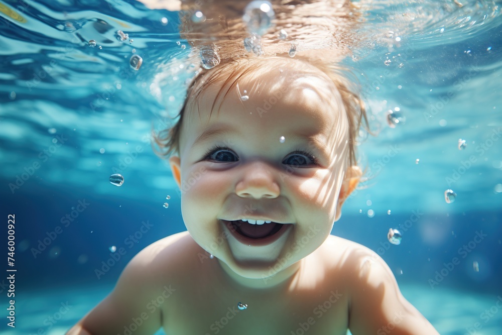 happy baby swimming in a pool