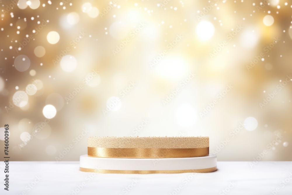 Podium with background soft bokeh, podium for product presentation, stage showcase, promotion display, Christmas, New year, 3D. Podium with background soft bokeh, podium for product presentation, stage showcase, promotion display, Christmas, New year, 3D.