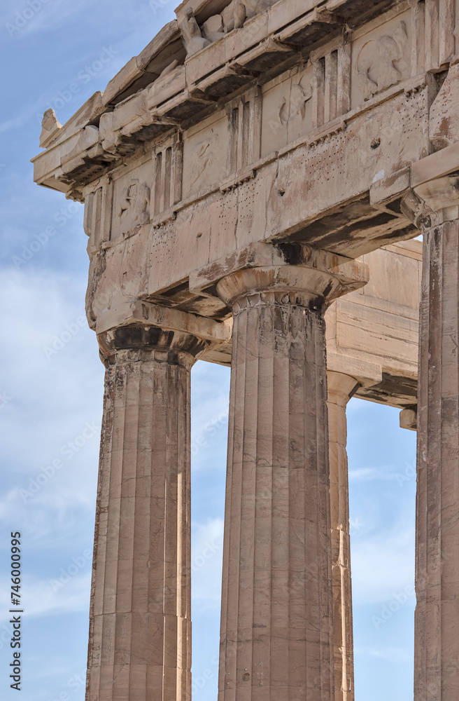 Parthenon temple column details at the acropolis in athens, greece (doric architecture corinthian pillars) europe travel culture history (historic ruins, art, sculpture) european greek tourism culture