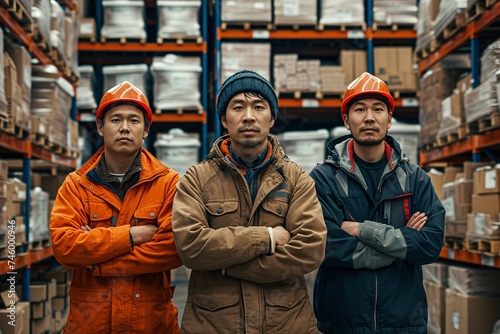 A group of serious-looking warehouse employees standing confidently with arms crossed in a well-organized facility