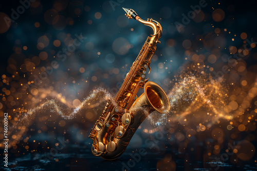 A striking image of a luxury golden saxophone with gold-colored digital sound waves flowing around it. photo