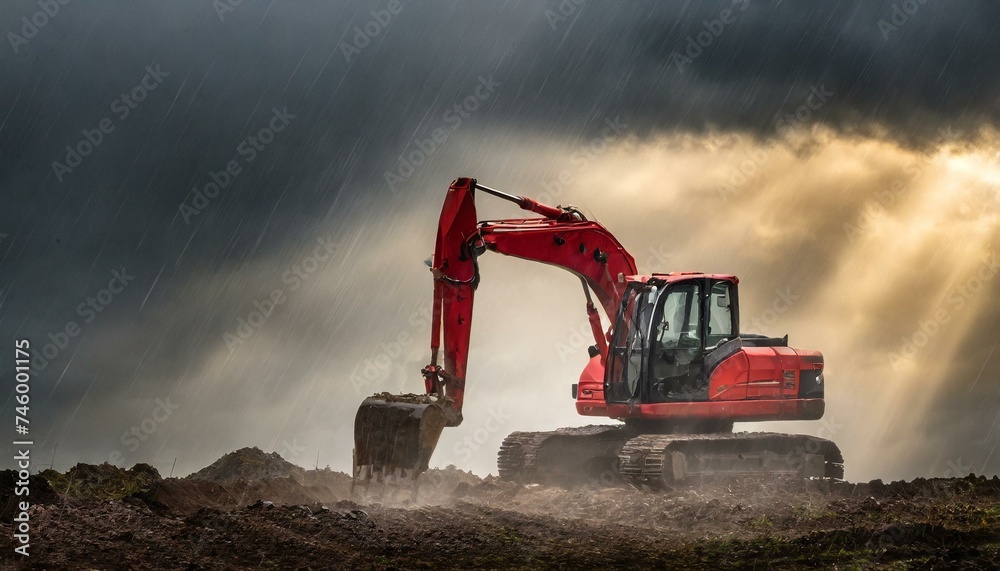 Red earthmoving excavator working on earth moving project in rainy day with sun coming up - obrazy, fototapety, plakaty 
