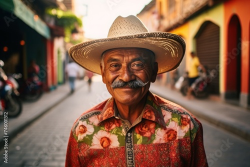 mature Mexican man in a straw sombrero hat on a city street. portrait close-up.