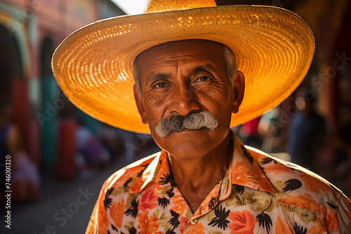 elderly Mexican man in a straw sombrero hat on a city street. portrait close-up.