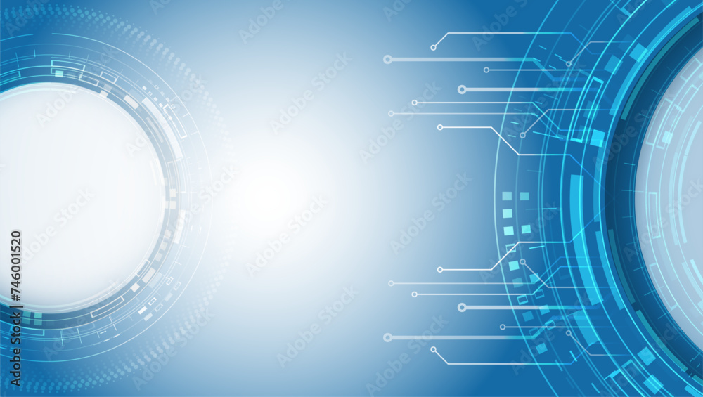 Obraz premium Hi-tech blue background with various technology elements. Vector illustration of circuit board and circles. Abstract futuristic communication.