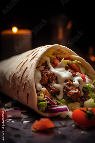 Shawarma roll. Homemade Meat Gyro. Fast food. Takeaway & Food Delivery. Take Out meal. Kebap and Sandwich.
