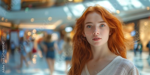 young red-headed Caucasian woman exudes youthful energy and confidence as she strikes a dynamic pose amidst the bustling motion of a contemporary shopping mall.