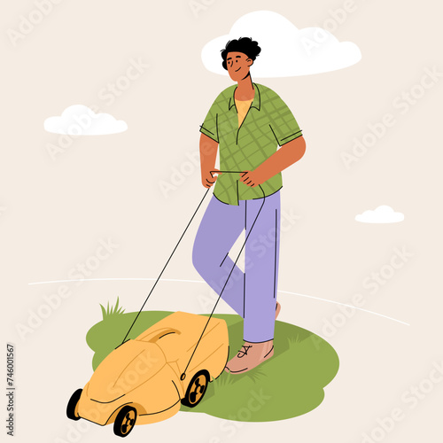 Gardener with lawn mower cuts grass