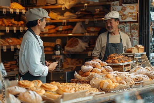 A cheerful encounter between two bakers in a busy traditional bakery filled with a variety of bread