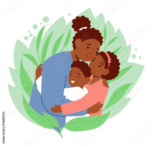 Mother Character Envelops Her Children In Warm Embrace, Radiating Love, Security And Affection In A Timeless Portrait