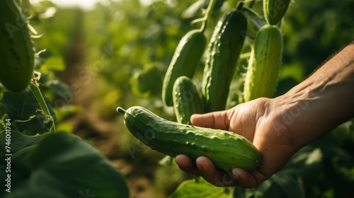 Picking cucumbers in the field close-up