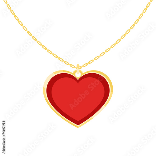 Heart shape red gemstone necklace. Golden metal chain. Isolated, Expensive jewelry. Elegant love gift. Diamond precious stone.