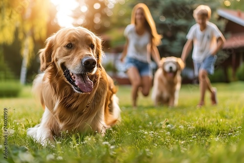 Golden Hour Bliss A Joyful Family and Their Adorable Golden Retriever Dog Playing Together on a Beautiful Backyard Lawn.