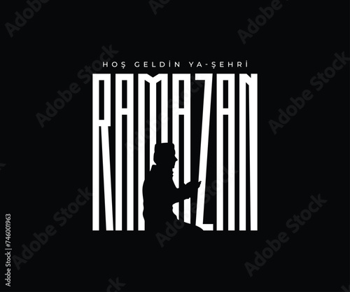 Ramazan tipografi dua eden silüet, Ramadan typography praying silhouette, vector design