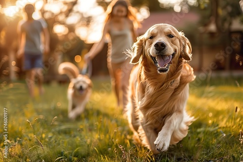 Golden Hour Bliss A Joyful Family and Their Adorable Golden Retriever Dog Playing Together on a Beautiful Backyard Lawn.