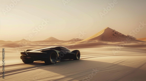 Futuristic car in minimal desert landscape