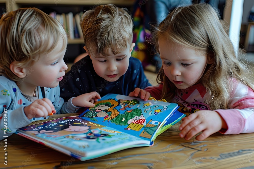 Fototapeta premium Children's reading a book together. International Children's Book Day