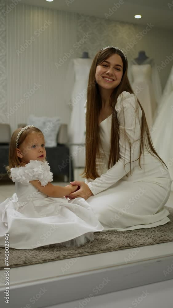 Mother and Daughter in Bridal Wear. Smiling mother and child in elegant white dresses. Mother and Daughter in Bridal Wear. Smiling mother and child in elegant white dresses.