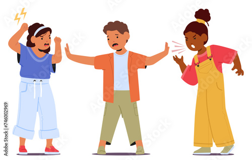 Kid Mediator Stand Between Fighting Friends, Guide Discussion, Fostering Compromise And Understanding For Resolution