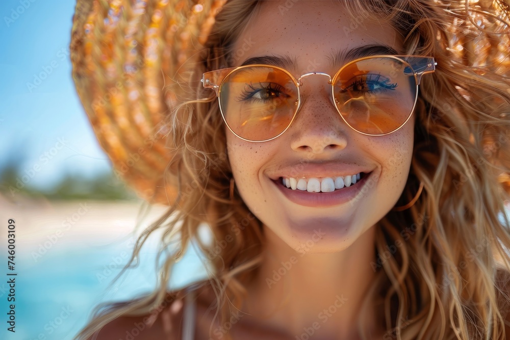 Cheerful young woman smiling with her straw hat and sunglasses at the beach Cheerful young woman smiling with her straw hat and sunglasses at the beach
