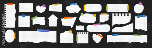 Pieces of ripped white square paper stuck on colorful washi tape strips. Torn notebook sheets of various shapes.