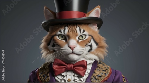 A regal feline dressed as a clown  complete with a top hat and bow tie. Rendered in a realistic style  with intricate details on the costume and facial expression. 