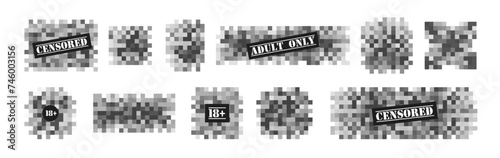 Black censor pixel bar concept. Censorship mosaic sign, censored bar and nudity pixel blur. The shape of the rectangle, square, oval, circle. Black and white illustration photo