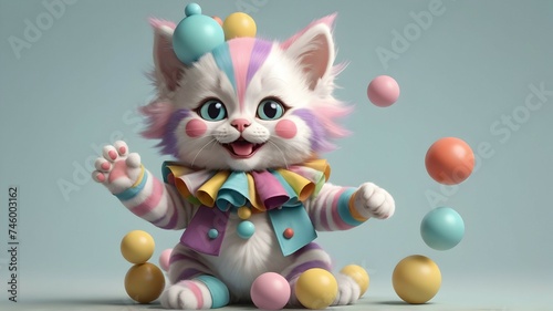 "A playful kitten dressed as a clown, juggling colorful balls with its tiny paws. Rendered in a cute and charming style, with soft lines and pastel colors.